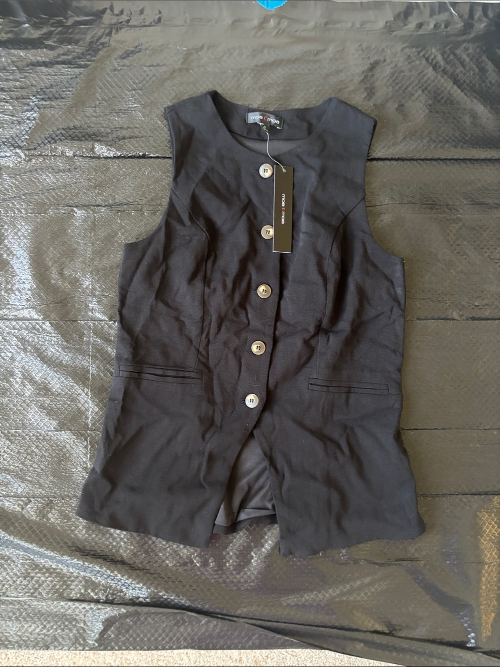 Sleeveless Button Front Black Vest
